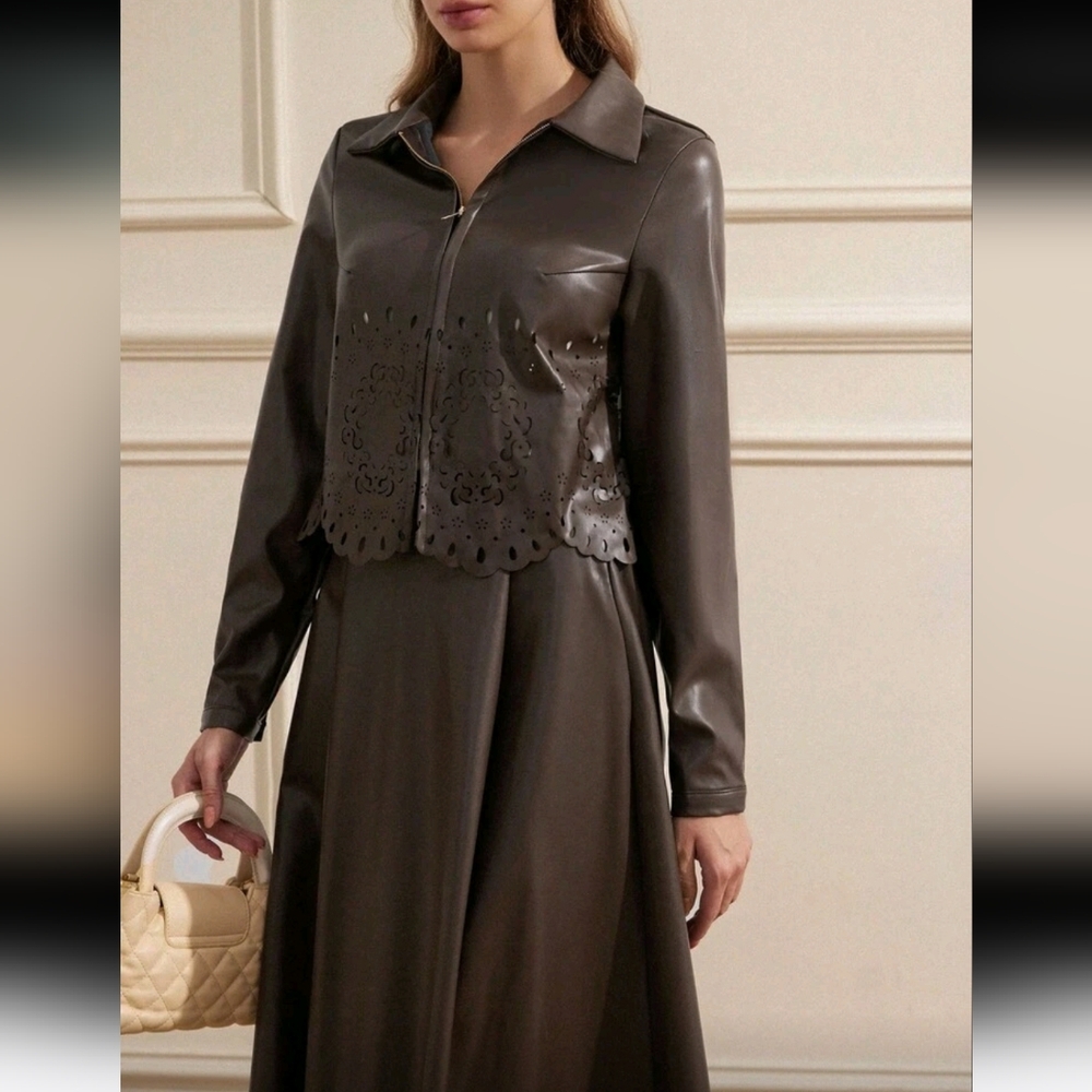 Autumn/Winter French Casual European Style Heavy PU Laser Hollow Decor Zipper
